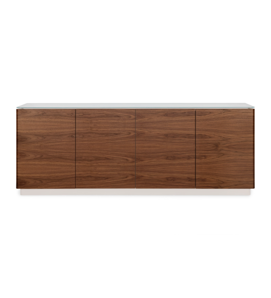 Buffet à 4 portes en noyer naturel, 2 tiroir, plateau en verre et structure laquée perle.