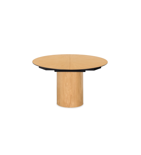 Mesa de comedor redonda extensible Ø 130 cm, sobre en espiga y base en roble natural, detalle del sobre lacado en negro.