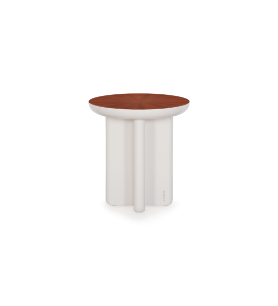Mónaco round side table, high gloss sunburst palissander top, pearl lacquered foot, Ø 45 cm.