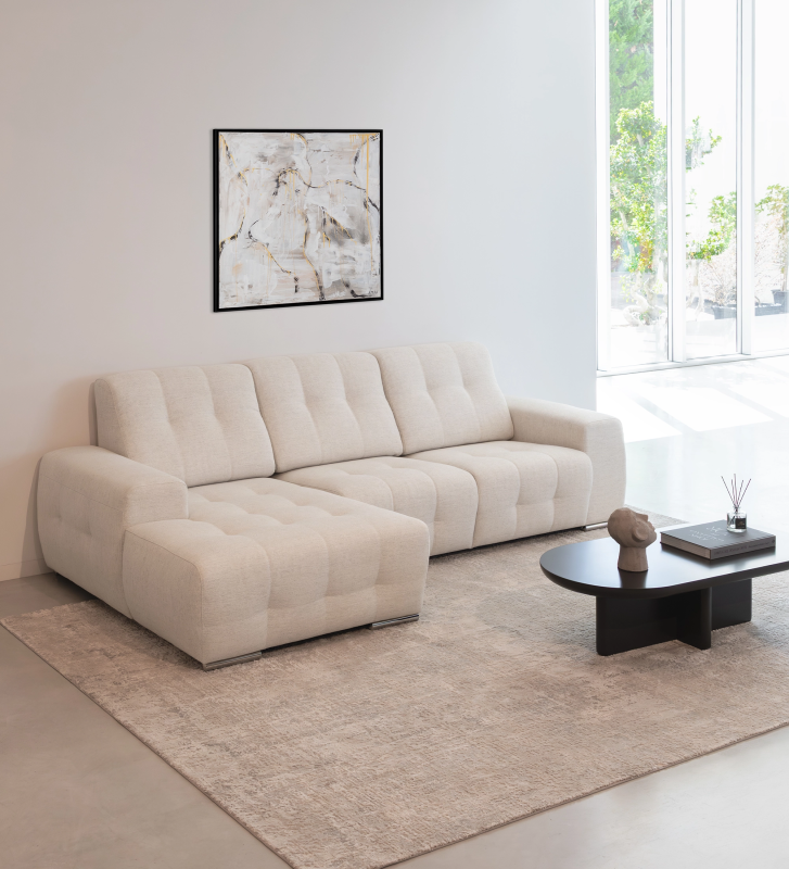 Sofá Madrid 2 plazas y chaise longue izquierdo, tapizado en tela pérola, 287 cm.