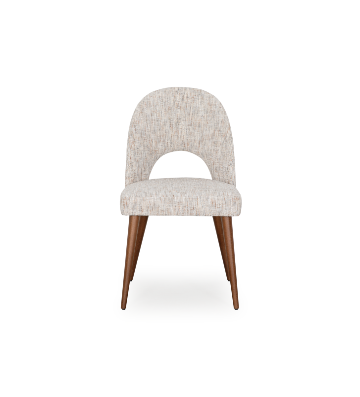 Chair upholstered in gray velvety fabric, with walnut-colored wooden legs.
