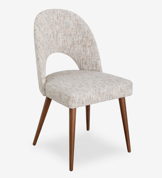 Paris Chair upholstered beige tweed seat with curved open-back and wooden tapered legs
