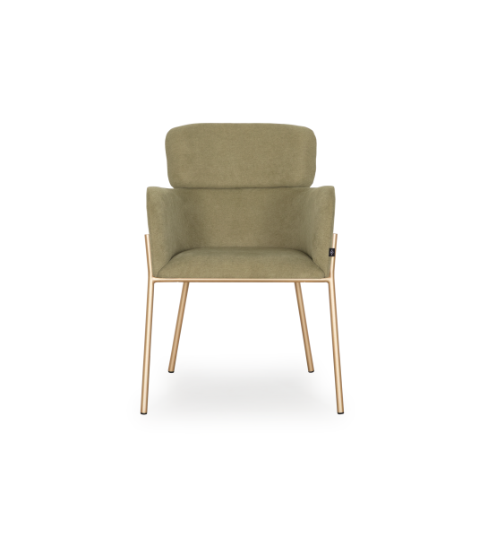 Chaise avec accoudoirs rembourrée en tissu, avec structure métallique laquée en doré.