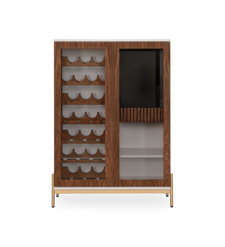 Wine cellar cabinet in natural walnut, with lighting, pearl structure and golden lacquered metal feet with levelers.
