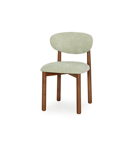 Chaise en bois de frêne couleur noyer, avec assise et dossier rembourrés en tissu vert. 