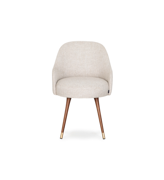 Silla giratoria tapizada en tela gris, con patas de madera color nogal y detalle dorado.