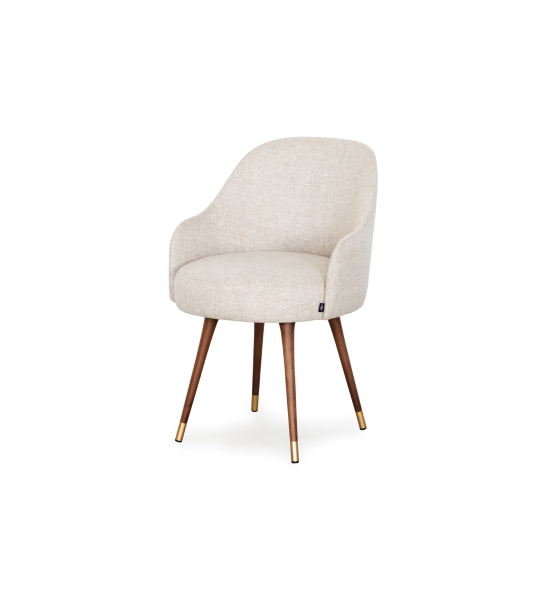 Chaise pivotante rembourrée en tissu gris, avec pieds en bois couleur noyer et détail doré.