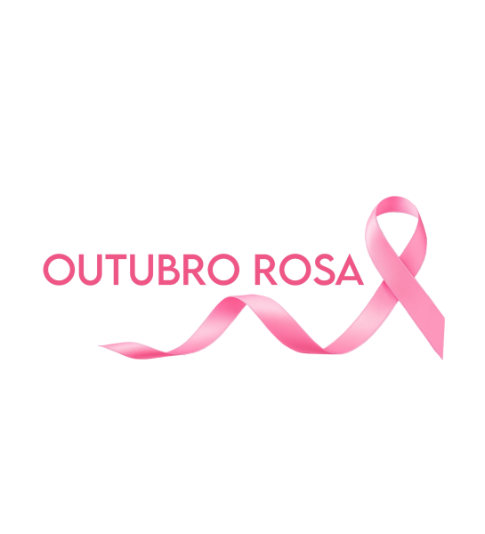 Pink breast cancer awareness ribbon and text 'OUTUBRO ROSA' on white background