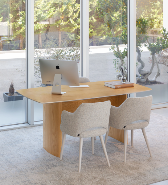 Paris Desk oak two-person desk with curved base, two upholstered chairs and iMac