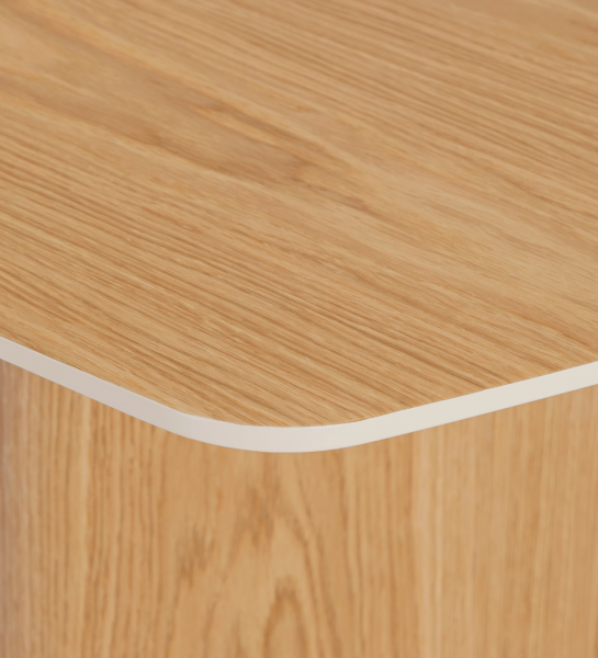 Paris Desk oak corner with rounded tabletop and white edge trim