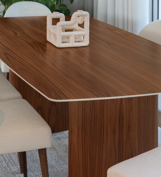 Table de Repas Paris en bois noyer, plateau arrondi, décor céramique et chaises beiges