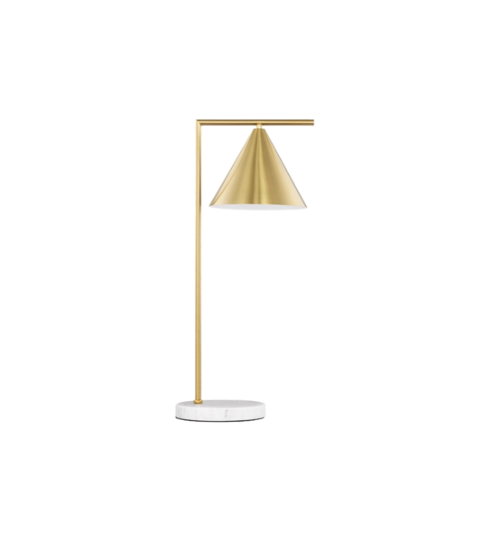 Lámpara con base de mármol, estructura y pantalla en metal dorado.