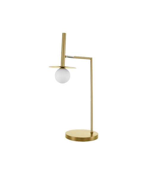 Candeeiro de mesa com estrutura em latão ouro metal dourado e abat-jour em vidro estruturado opala.