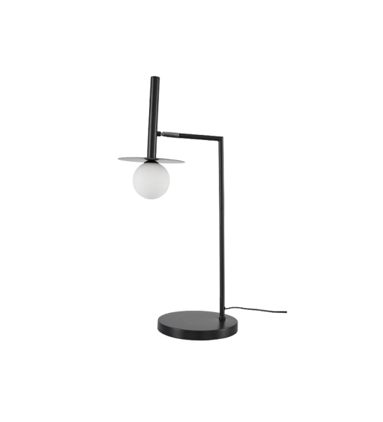 Table lamp with black brass metal structure and structured opal glass lampshade.