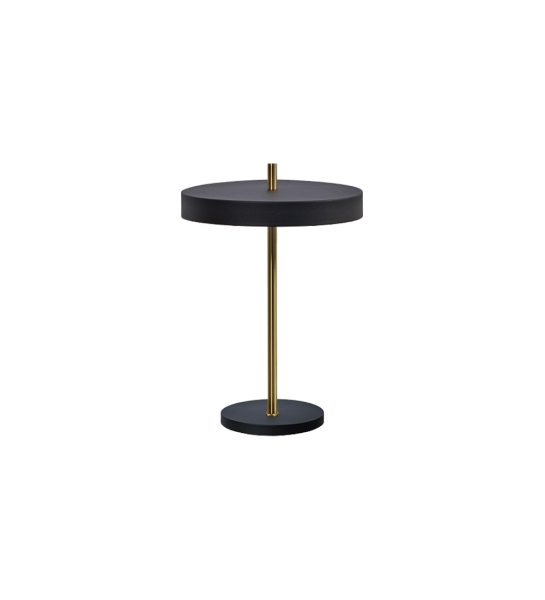 Table lamp with structure in golden inox, base and lampshade in black inox.