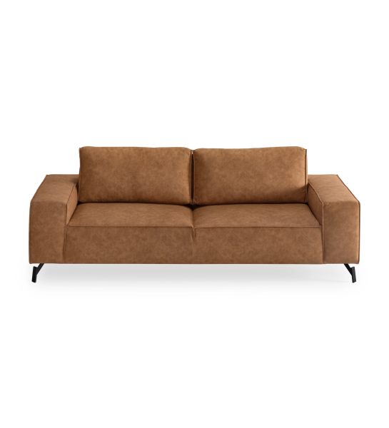 Tokyo 3-seater sofa upholstered in camel fabric, black lacquered metal feet, 238 cm.