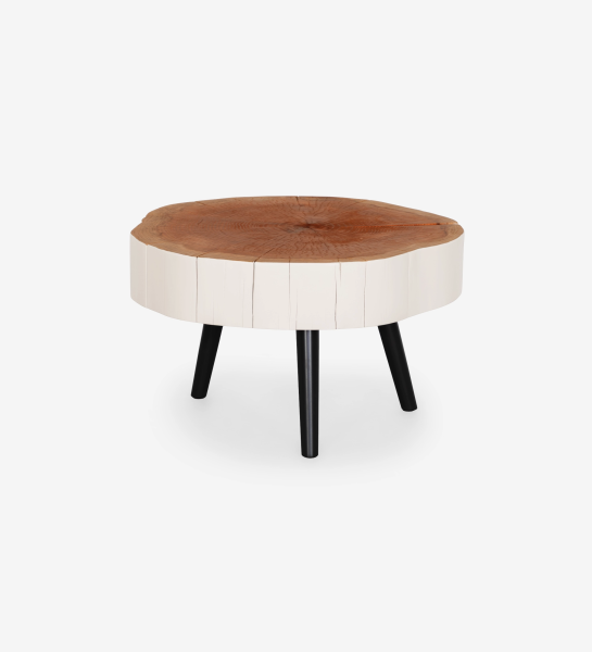 Round trunk-slab center table with natural wood top, white painted sides and three black legs