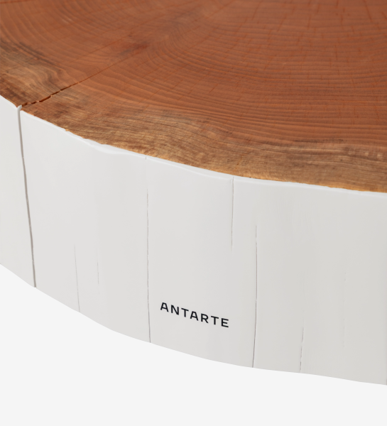 Trunk Center Table with natural wood top, white painted sides and ANTARTE logo
