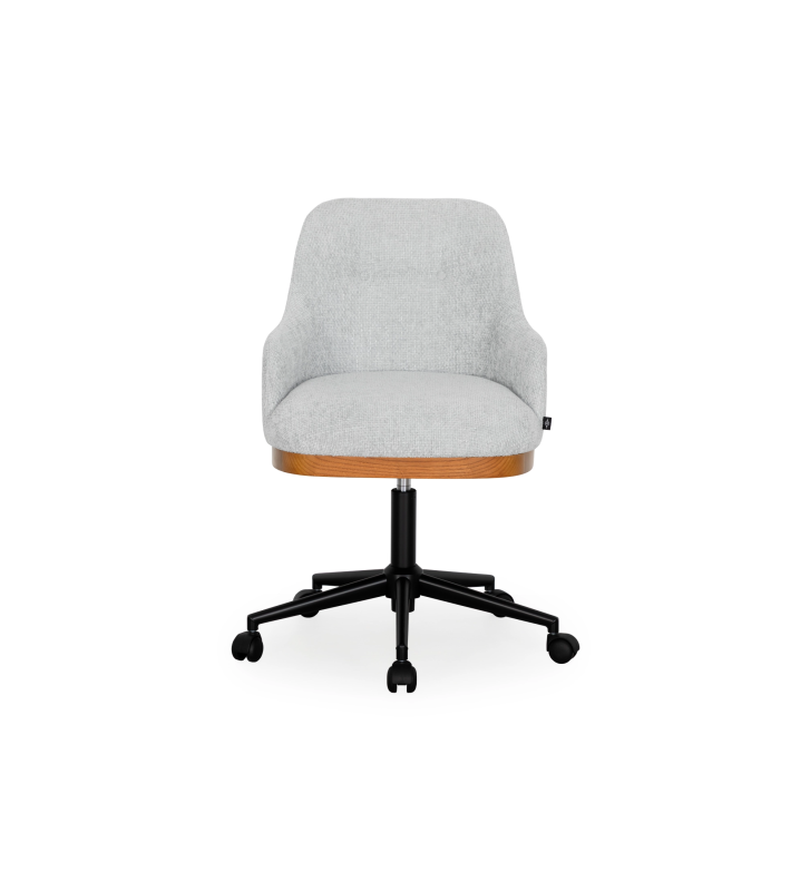 Cadeira de executivo giratória, estofada a tecido cinzento claro, com pormenor em madeira cor mel.