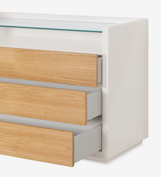 Commode Londres blanche avec 3 tiroirs à façades bois et plateau en verre