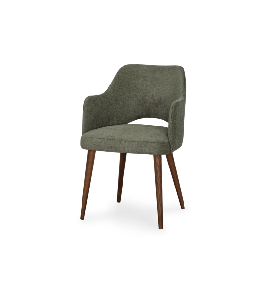 London chair with armrests upholstered in green fabric, walnut wood legs.
