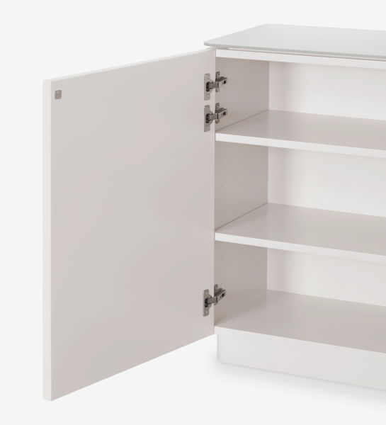 Zapatera Geneve blanca con puerta abierta y estantes interiores
