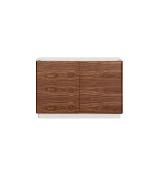 Shoe cabinet with 2 doors in natural walnut, top and structure lacquered in pearl.