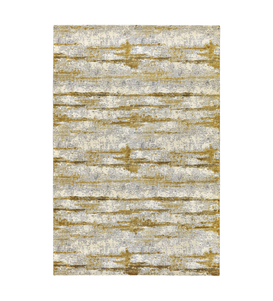 Abstract rug with grey and yellow tones, folded edge finish + 6mm feltex backing.
