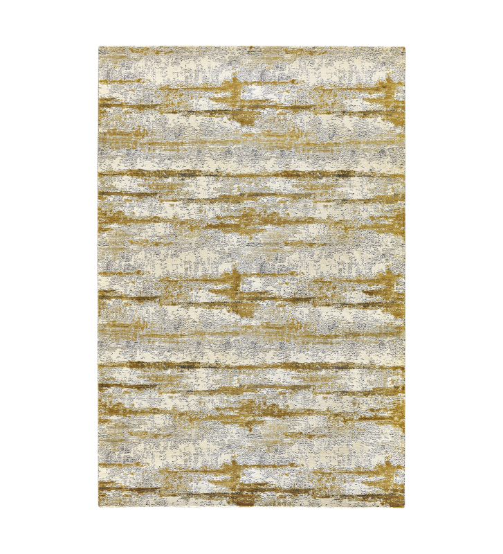 Abstract rug with grey and yellow tones, folded edge finish + 6mm feltex backing.
