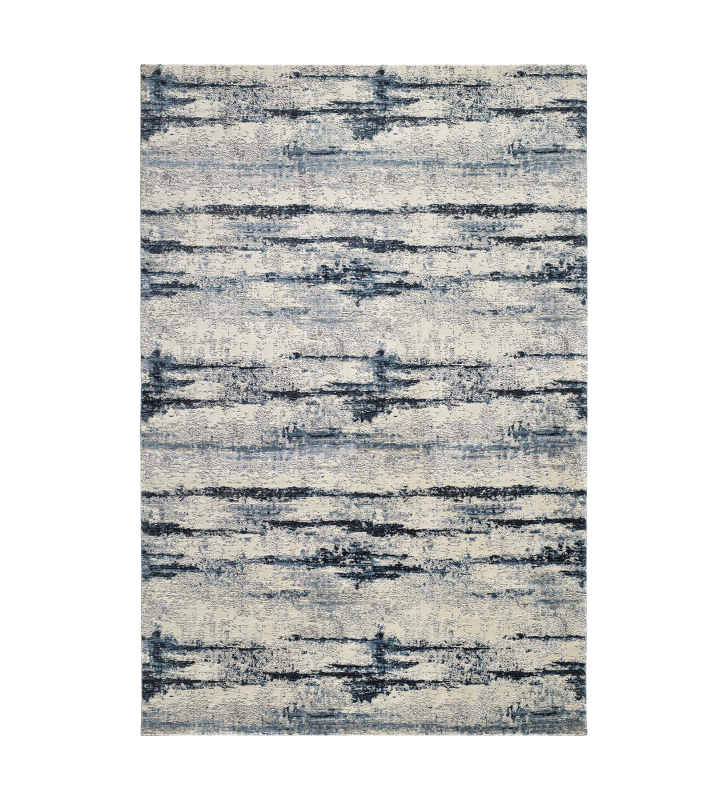 Abstract rug with blue tones, folded edge finish + 6mm feltex backing.