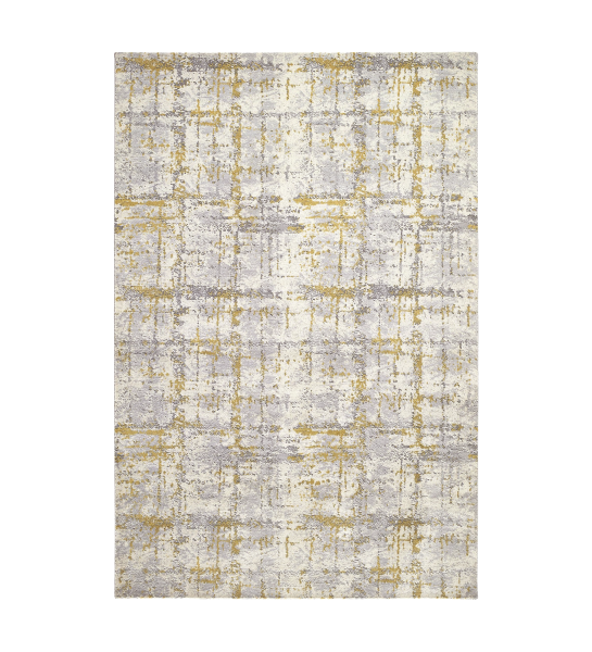 Abstract rug with grey and yellow tones, folded edge finish + 6mm feltex backing.