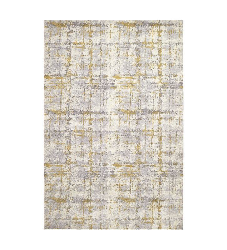 Abstract rug with grey and yellow tones, folded edge finish + 6mm feltex backing.