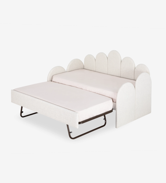 Divan Bed with upholstered frame and front in pearl fabric, featuring a bed in the lower drawer.