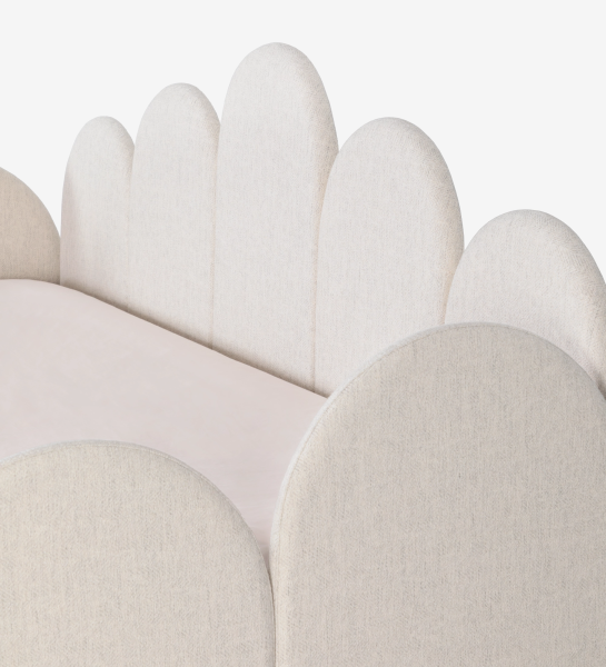 Divan Bed with upholstered frame and front in pearl fabric, featuring a bed in the lower drawer.