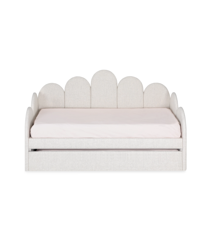 Divan Bed with upholstered frame and front in pearl fabric, featuring a bed in the lower drawer.