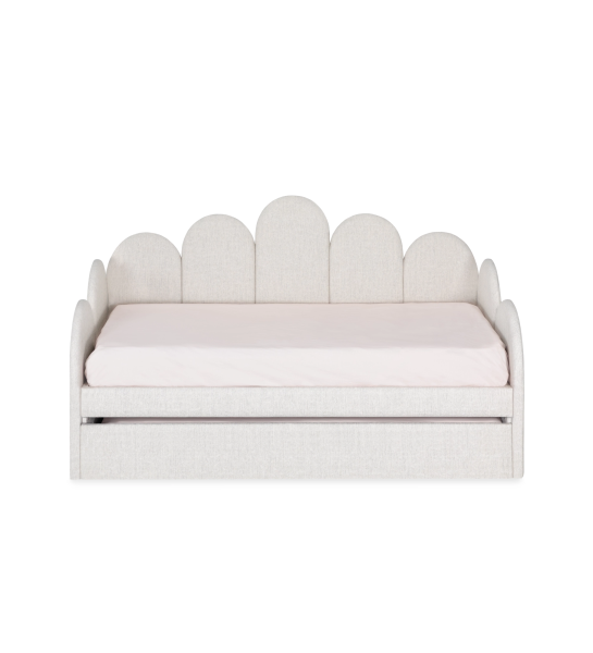 Divan Bed with upholstered frame and front in pearl fabric, featuring a bed in the lower drawer.