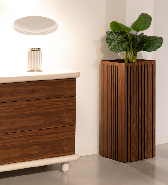 Flower box with friezes, in natural walnut