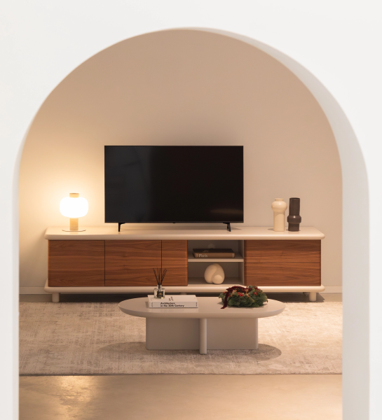 Paris TV stand 3 doors and 2 drawers in natural walnut, pearl structure.