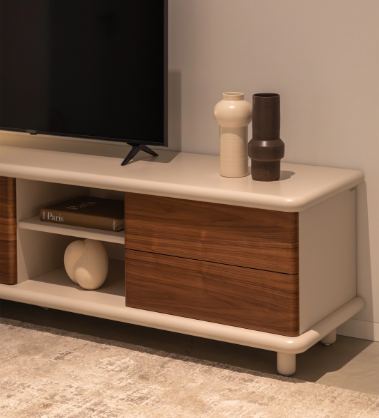 Paris TV stand 3 doors and 2 drawers in natural walnut, pearl structure.