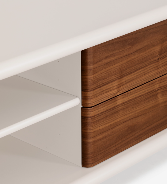 Paris TV stand 3 doors and 2 drawers in natural walnut, pearl structure.