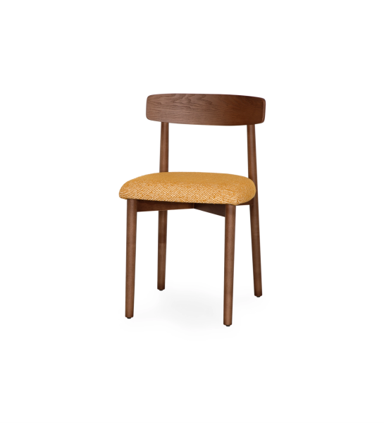 Walnut colored wood chair with yellow fabric upholstered seat