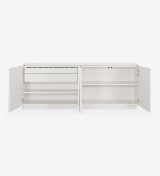 Sideboard with 4 doors and pearl lacquered structure, Calacatta marble ceramic top and cutlery drawer.