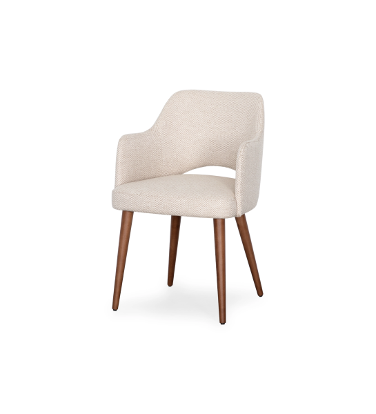 Silla con brazos n tela beige y base de madera de nogal.