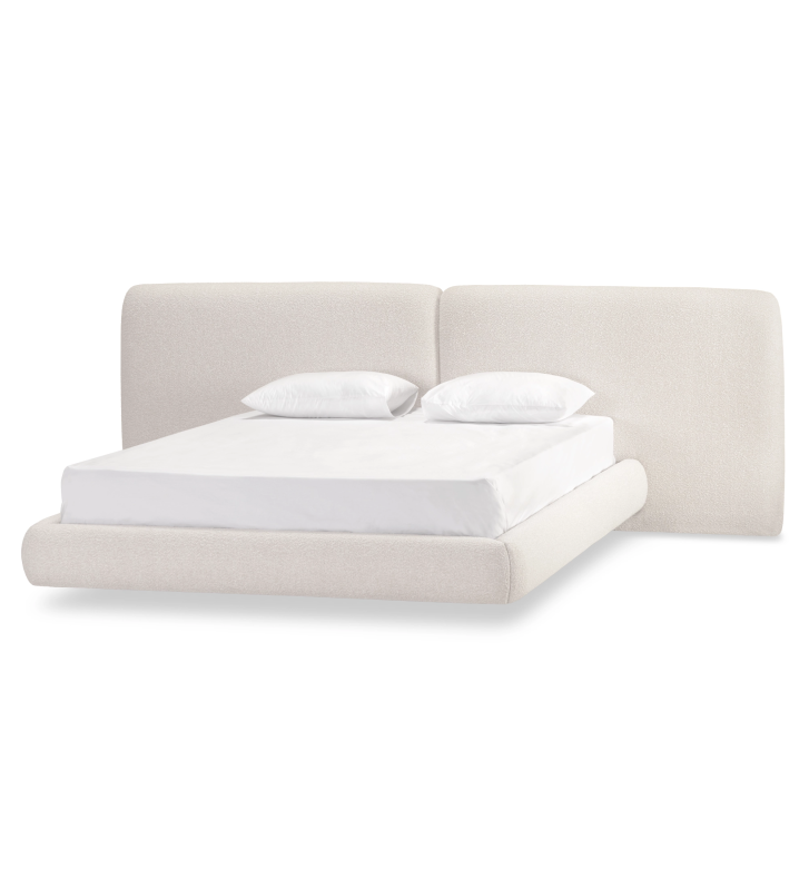 Cama de matrimonio con cabecero dividido y pie de cama suspendido, tapizada en tejido perla.