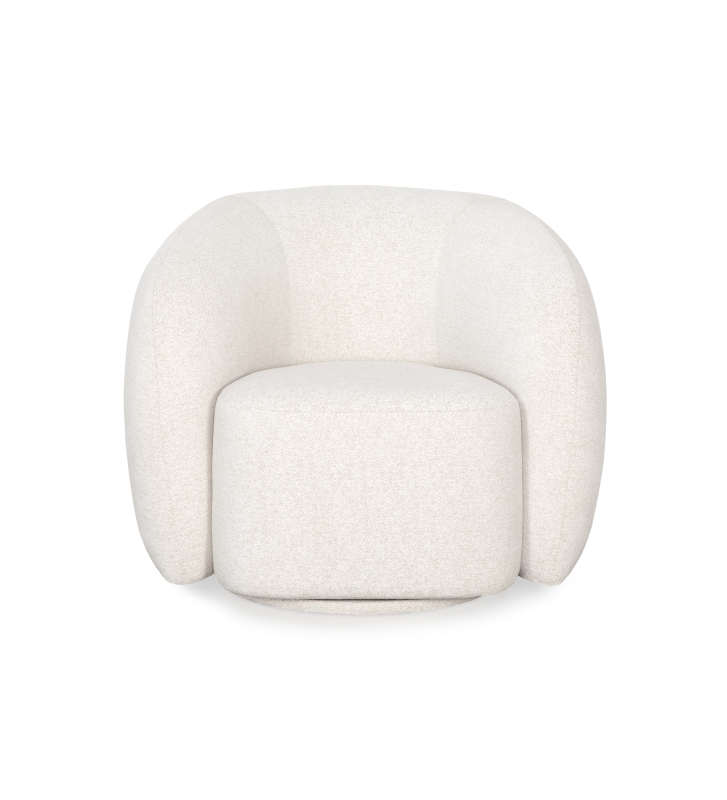 Armchair with a fully upholstered pearl-fabric finish and a swivel base.