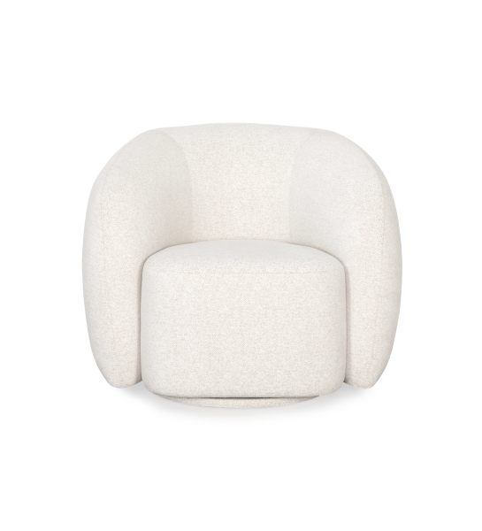 Armchair with a fully upholstered pearl-fabric finish and a swivel base.