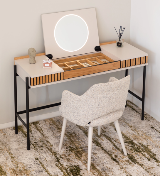 Toucador Cannes com espelho circular iluminado, gavetas em madeira e cadeira estofada