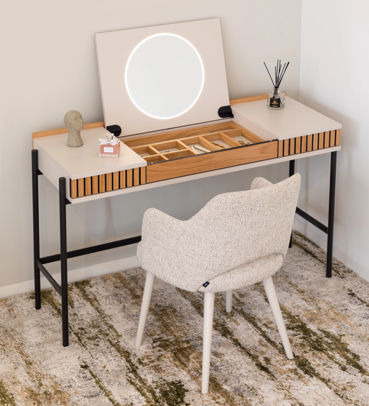 Toucador com 2 gavetas em carvalho natural, estrutura em pérola, pés metálicos lacados a negro com niveladores e espelho com iluminação.