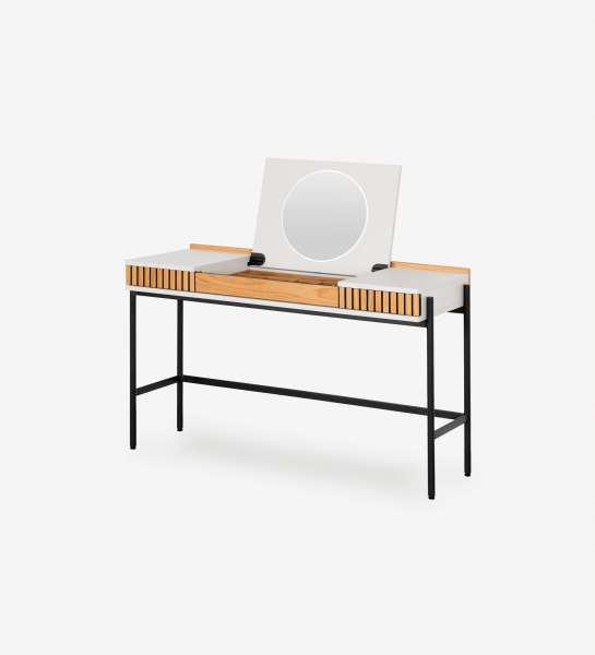 Toucador Cannes branco e madeira com espelho redondo e pernas metálicas pretas