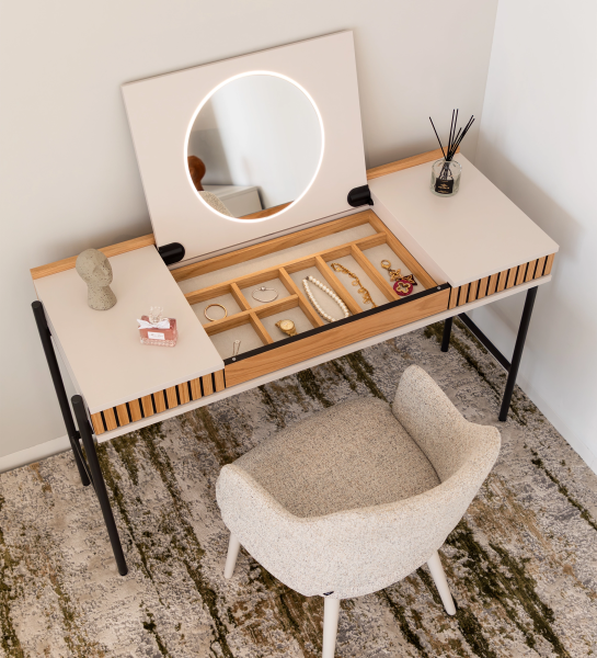 Toucador Cannes com espelho redondo iluminado, organizador de joias e cadeira